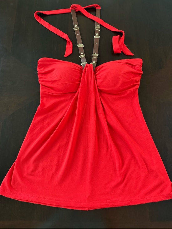 Cache Tops - Cache Red Halter Tank with Brown Strap Accents